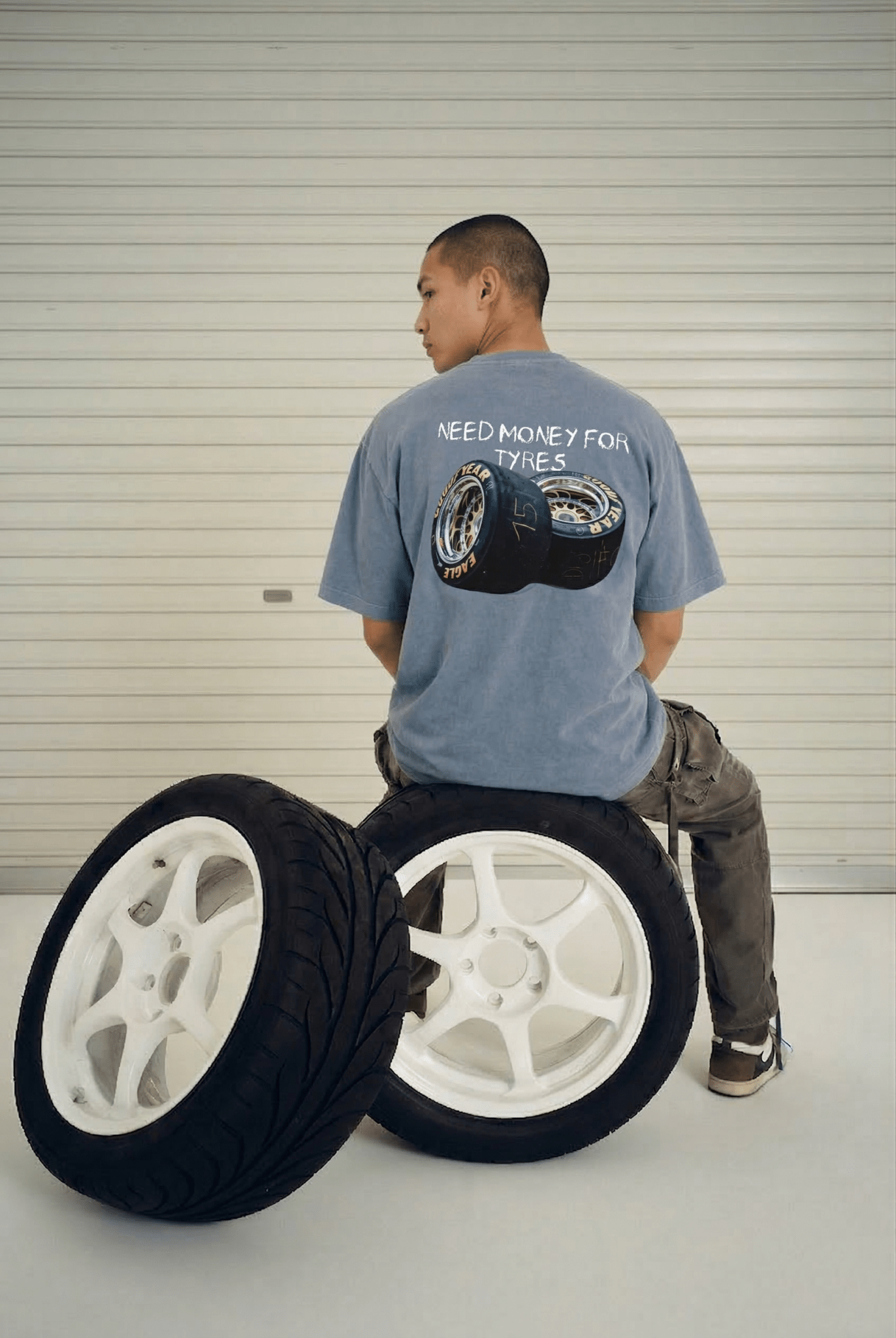 Need Money for Tyres Tee - Grey Blue - Garage & Gallery